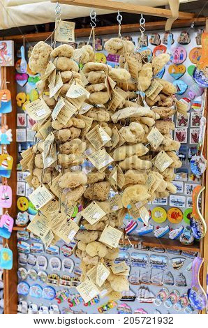SPLIT, CROATIA - 13 JULY, 2017: Sea sponge in a souvenir shop in the city of Split.