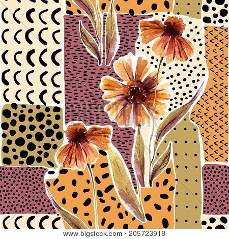 Autumn watercolor flowers on geometric background with doodles. Hand drawn dahlia flowers with scribble textures for fall design. Watercolour art illustration
