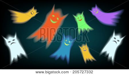 Sullen and colored cheerful cute ghosts. Monster sad and smile.