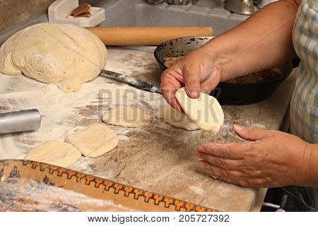 Senior woman baking pies in her home kitchen.Grandma cooks pies. Home cooked food. omemade mold cakes of the dough in the women's hands. The process of making pie dough by hand.