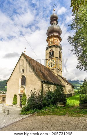 View at the church of St.Katherine (Rainkirche) in Brunico - South Tyrol in Italy