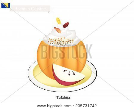 Bosnian Cuisine, Tufahija or Traditional Walnut Stuffed Apples Served with Glazed Syrup and Whipped Cream. One of The Most Popular Dessert in Bosnia and Herzegovina.