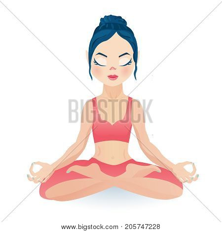 Meditating yoga girl sitting in lotus pose wearing crop top with eyes closed