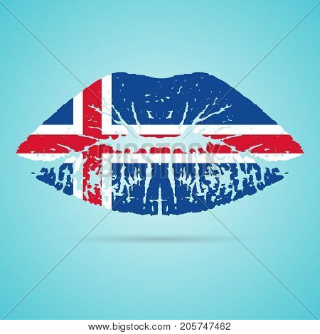 Iceland Flag Lipstick On The Lips Isolated On A White Background. Vector Illustration. Kiss Mark In Official Colors And Proportions. Independence Day