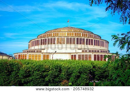 Wroclaw/Poland- August 17, 2017: view of Centennial Hall or Hala Stulecia, designed by architect Max Berg -multifunctional historical construction, hosting exhibitions, concerts, performances, business events and sport competitions
