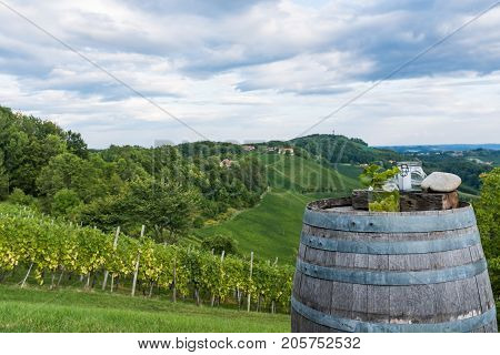Jars with grapes and candle on wooden barrel near vineyard on south Styrian wine route in Austria