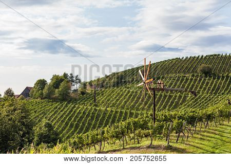 Windmill called Klapotetz in vineyard along the south Styrian vine route in Austria Europe