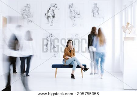 Tourist Woman Visiting Art Gallery