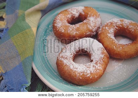 Homemade sugar donuts with sugar powder. deset. breakfast.