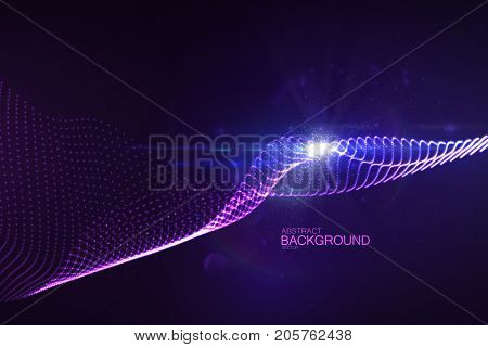 3D glowing neon digital wave of particles and lens flare light effect. Abstract technology background. Futuristic vector illustration of shiny flowing purple substance. Virtual cyberspace
