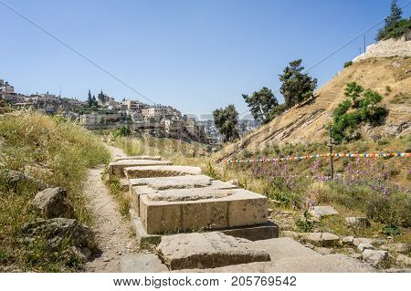 View of the Kidron Valley and the Village of Siloam near the walls of the Old City of Jerusalem, Israel