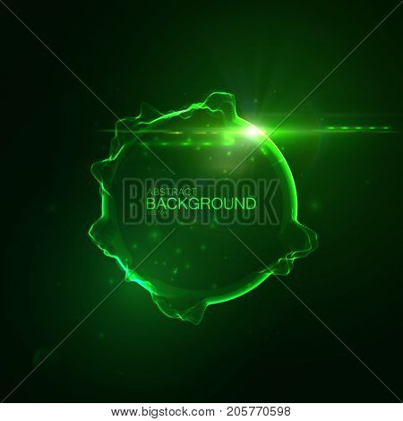Neon glowing abstract sphere with lens flare light effect. Vector futuristic illustration. Technology concept. Sound vibes visualization. Audio equalizer shape. Sound wave