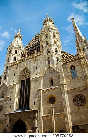 St. Stephen's Cathedral in Vienna Austria. The view of two Romanesque Towers details of architecture. Ancient building the famous catholic church in the center of Viena