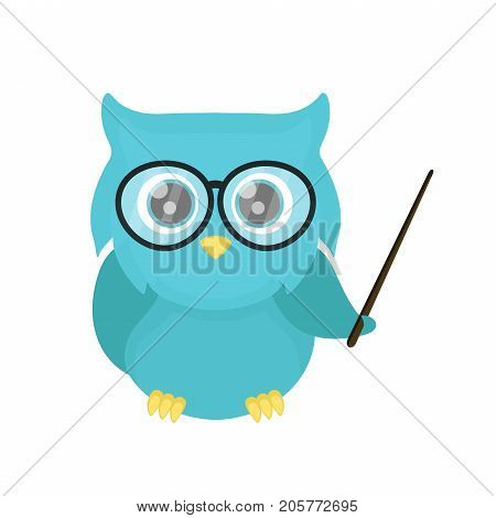 Smart owl teacher with a pointer. Vector flat cartoon character illustration design. Isolated on white background