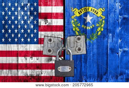 US and Nevada flag on door with padlock