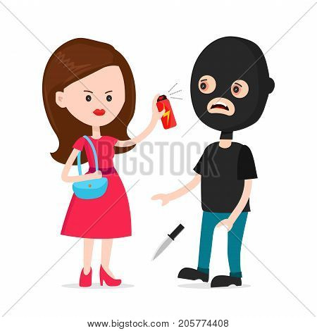 Woman protected herself from robber. Self defense spray concept. Vector modern style cartoon character illustration icon design.  human attack technology, safety equipment, personal security,tear-gas