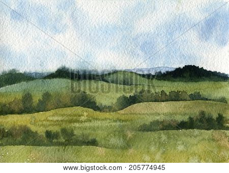 watercolor field landscape with blie sky, green grass and trees
