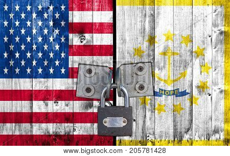 US and Rhode Island flag on door with padlock