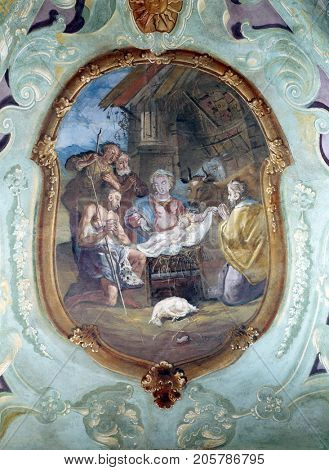 BELEC, CROATIA - NOVEMBER 17: Nativity Scene, Adoration of the Shepherds, fresco on the ceiling of the Church of Our Lady of the Snow in Belec, Croatia on November 17, 2011.