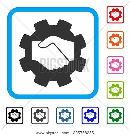 Smart Contract Handshake icon. Flat grey iconic symbol in a light blue rounded rectangular frame. Black, gray, green, blue, red, orange color additional versions of Smart Contract Handshake vector.
