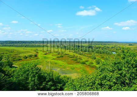 view to Desna River with its marshy surroundings from a bird's eye view