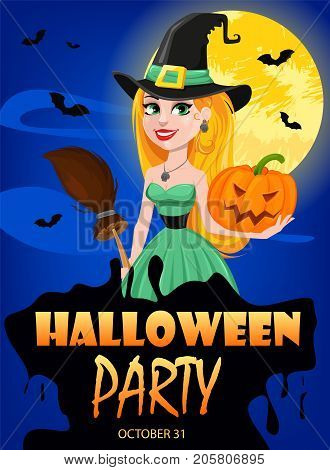 Halloween greeting card. Beautiful lady witch wearing pilgrim hat and holding broom and pumpkin. Cartoon character on background of moon and night sky. Vector stock