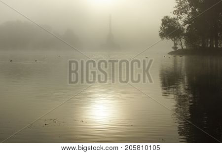 September foggy morning in Catherine Park in Tsarskoe Selo Chesmenskaya column