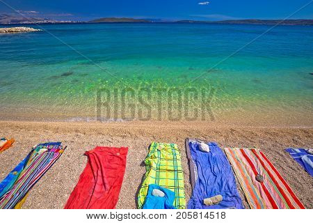 Towels On Idyllic Beach In Kastela Bay