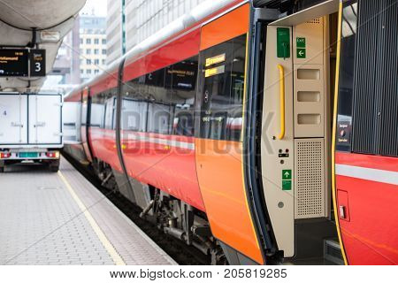 Oslo, Norway - June 06, 2017: Front part of Norwegian high speed train in central station