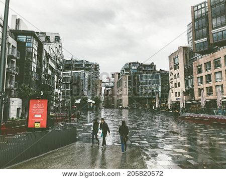 Oslo, Norway - June 07, 2017 : A New Town Within The City Tjuvholmen in rain and overcast weather. Modern part