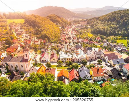 Aerial view of Stramberk, small medieval town in Moravia, Czech Republic.