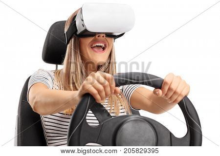 Happy young woman using a VR headset and driving isolated on white background