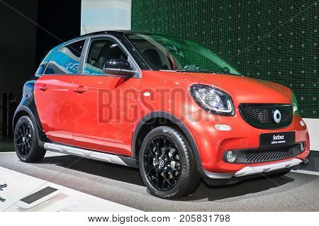 Frankfurt-September 20: Smart Forfour Edition Crosstown at the Frankfurt International Motor Show on September 20 2017 in Frankfurt