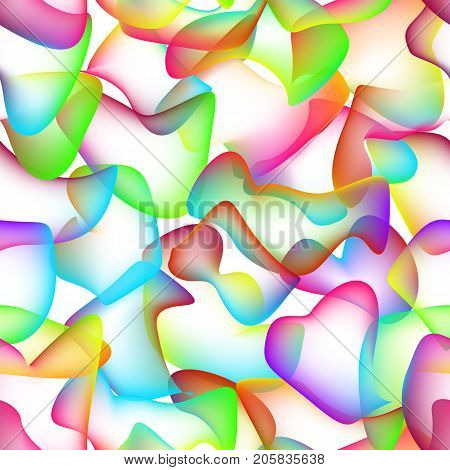 Neon Overlaping Shapes Seamless Pattern. Glow effect repeating background multicolor on white
