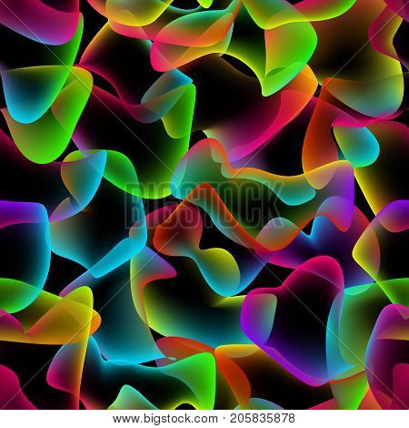Neon Overlaping Shapes Seamless Pattern. Glow effect repeating background multicolor on black