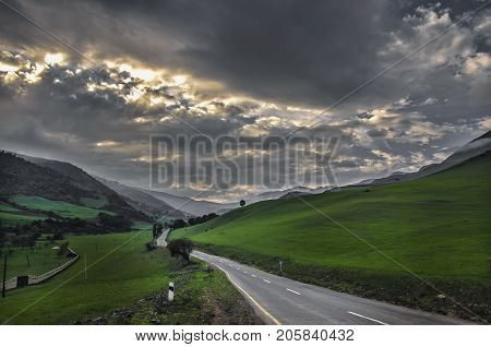 Cycling Mountain Road. Misty Mountain Road In High Mountains. Cloudy Sky With Mountain Road. Azerbai