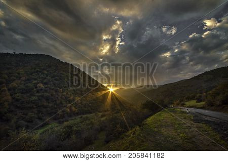 Cycling Mountain Road. Misty Mountain Road In High Mountains. Cloudy Sky With Mountain Road. Azerbai