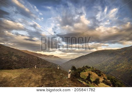 Cycling Mountain Road. Misty Mountain Road In High Mountains. Cloudy Sky With Mountain Road. Azerbai
