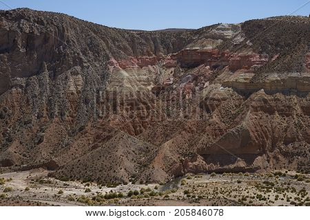 Colourful rock formations along Quebrada Allane on the Altiplano of northern Chile.