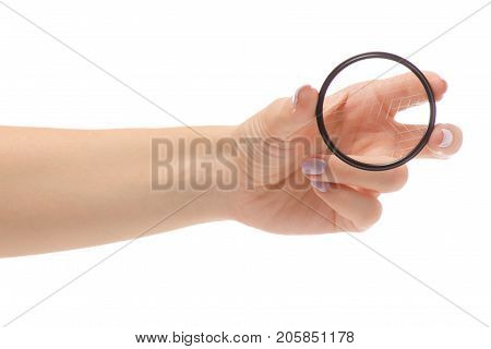 Female hand photo filter on white background isolation