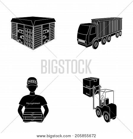 Truck, courier for delivery of pizza, forklift, storage room. Logistics and delivery set collection icons in black style isometric vector symbol stock illustration .