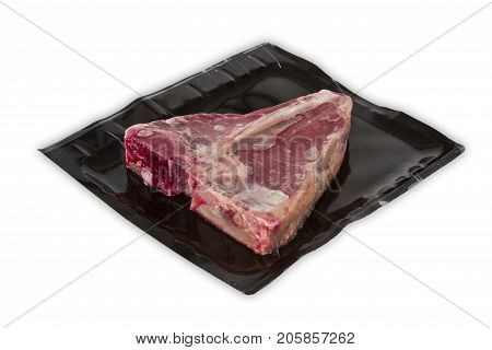 TBone steak in vacuum package isolated on white background