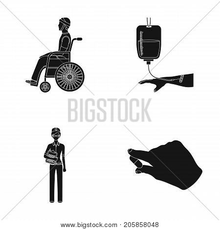 Invalid with trauma, blood transfusion, doctor, medication in the hands of a doctor. Medicineset collection icons in black style vector symbol stock illustration .