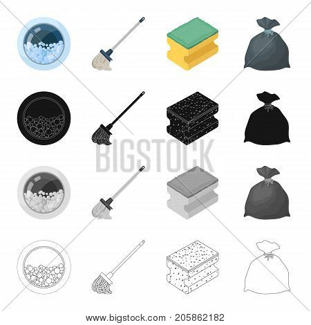 Window washing machine, mop, cleaning sponge, package with garbage. Cleaning set collection icons in cartoon black monochrome outline style vector symbol stock illustration .