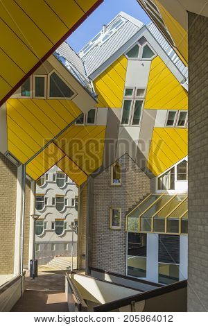 Rotterdam The Netherlands -May 11 2017: Modern Buildings City Architecture Design Elements Known as Cubic Houses Designed by Piet Blom in Rotterdam City Center in May 11 2017 in Rotterdam The Netherlands. Vertical Image