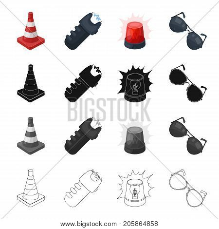 Restrictive cone, electric shock, police flasher, sunglasses. Police set collection icons in cartoon black monochrome outline style vector symbol stock illustration .