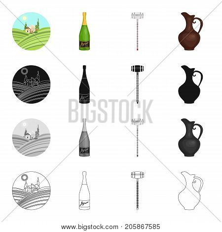 Grape valley, a bottle of champagne, a jug for wine, an alcoholometer. Wine-making set collection icons in cartoon black monochrome outline style vector symbol stock illustration .
