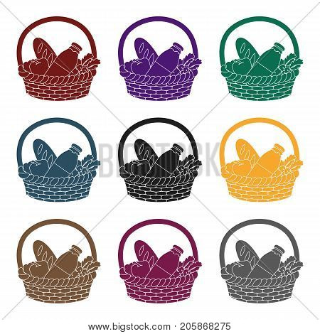 Basket with products icon in black design isolated on white background. Charity and donation symbol stock vector illustration.