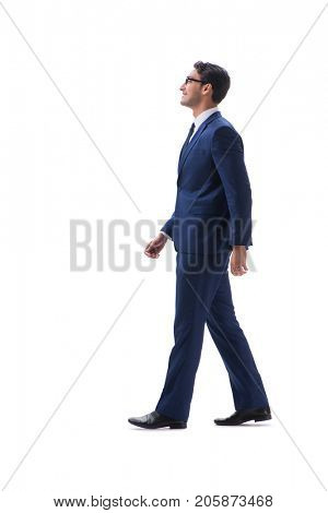 Businessman walking standing side view isolated on white backgro