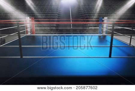Empty boxing ring in arena, spot lights, smoke and dark night scene. Dramatic fighters background, extreme sport and exhibition.
